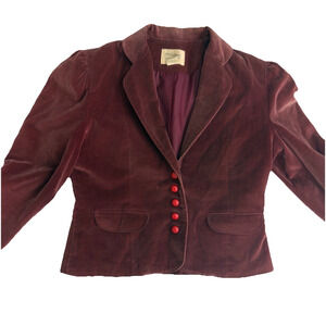 Vintage Women's Burgundy Velvet Blazer Jacket Size 7 Five Button Puff Sleeve